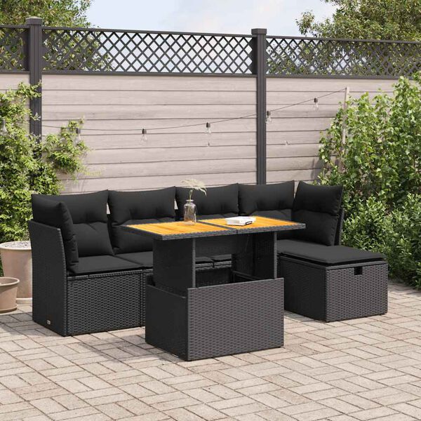 vidaXL Salon de jardin 6 pcs avec coussins noir r&eacute;sine tress&eacute;e acacia