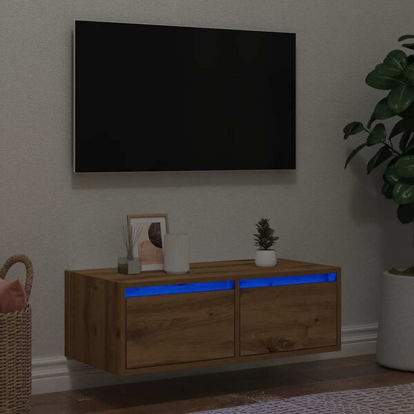 vidaXL Meuble TV avec lumi&egrave;res LED ch&ecirc;ne artisanal 75x35,5x25 cm
