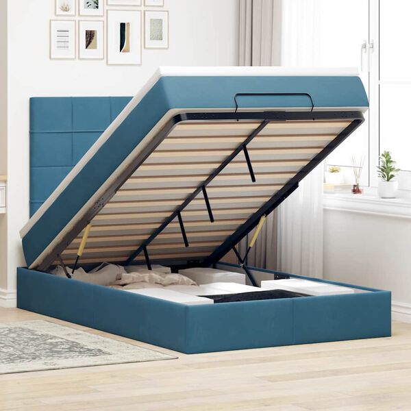 vidaXL Cadre de lit ottoman avec matelas bleu fonc&eacute; 120x200 cm velours
