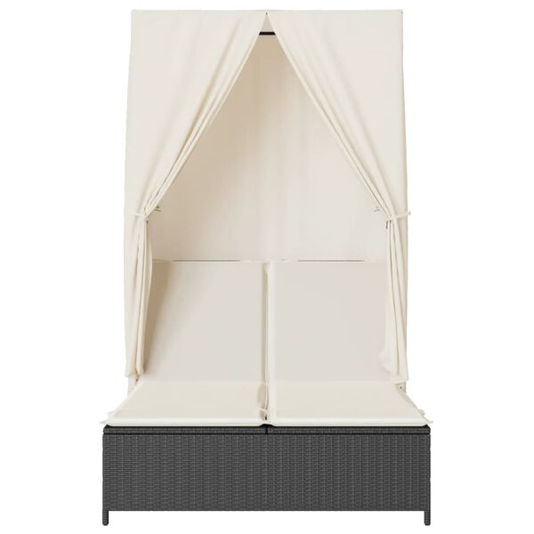 vidaXL Chaise longue double avec toit et rideaux noir résine tressée