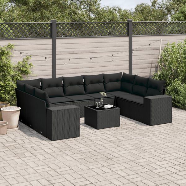 vidaXL Salon de jardin 10 pcs avec coussins noir r&eacute;sine tress&eacute;e