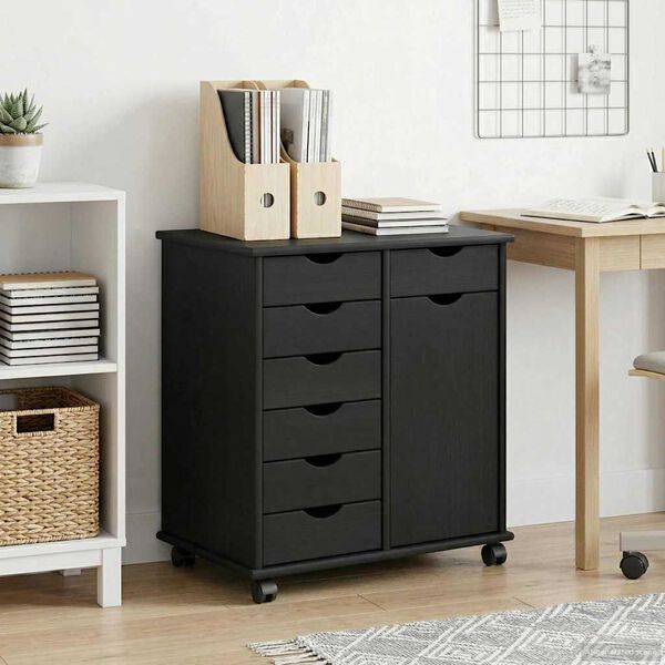 vidaXL Cabinet roulant Noir 63,5 x 39 x 65,5 cm Bois de Pin Massif
