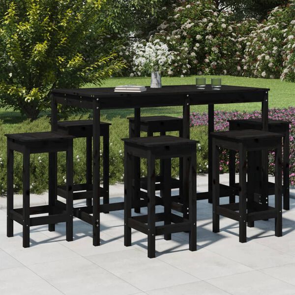 vidaXL Ensemble de bar de jardin 7 pcs noir bois de pin massif