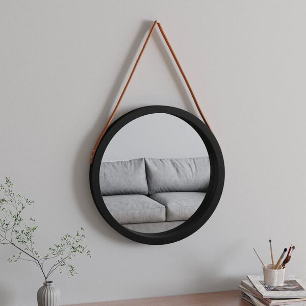 vidaXL Miroir mural avec sangle Noir &Oslash; 55 cm
