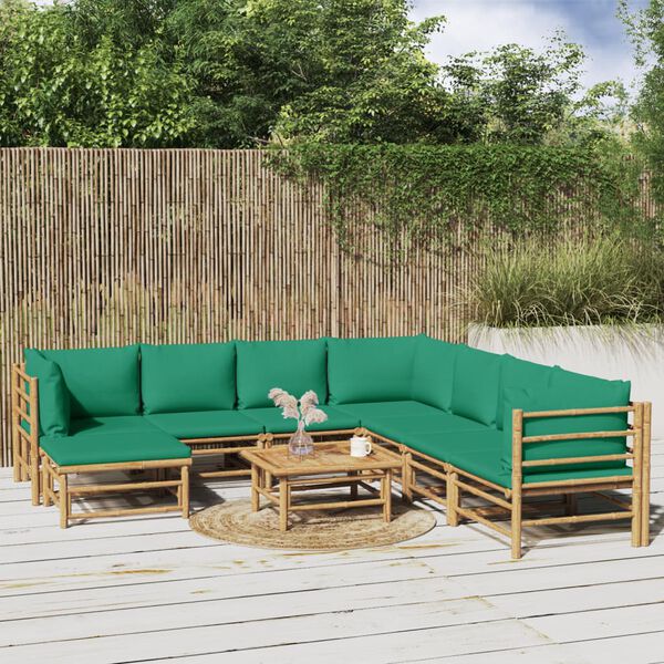 vidaXL Salon de jardin 9 pcs avec coussins vert bambou