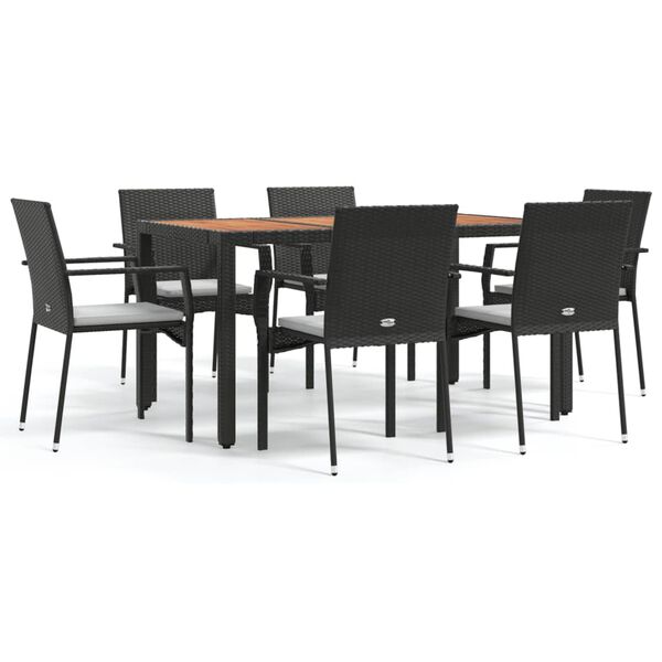 vidaXL Ensemble &agrave; manger de jardin coussins 7pcs Noir R&eacute;sine tress&eacute;e