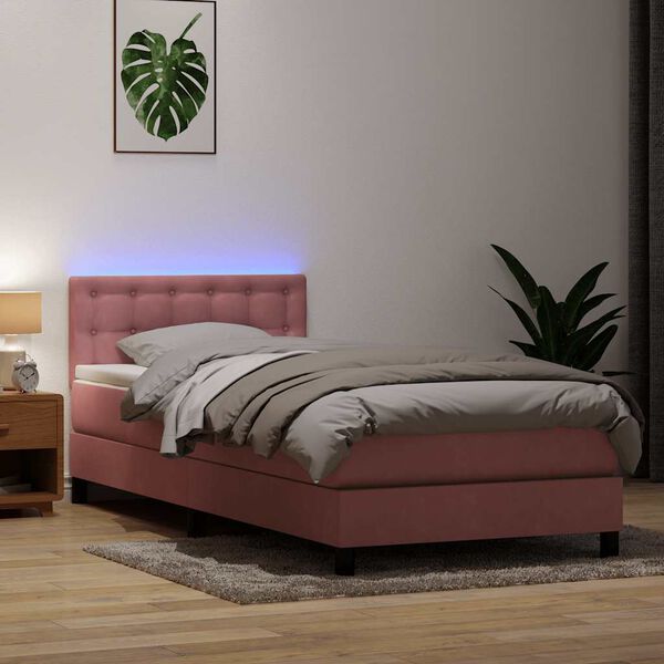 vidaXL Sommier &agrave; lattes de lit avec matelas et LED rose 90x220 cm velours