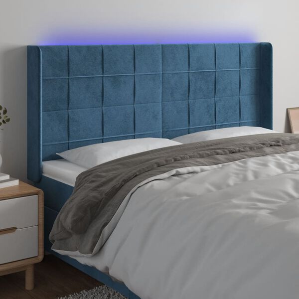 vidaXL T&ecirc;te de lit &agrave; LED Bleu fonc&eacute; 163x16x118/128 cm Velours