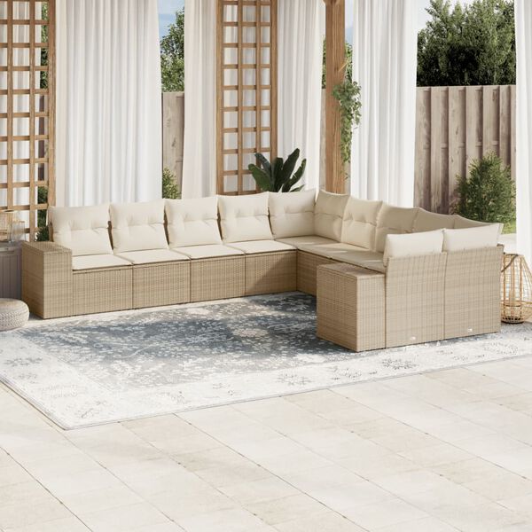 vidaXL Salon de jardin avec coussins 10 pcs beige résine tressée
