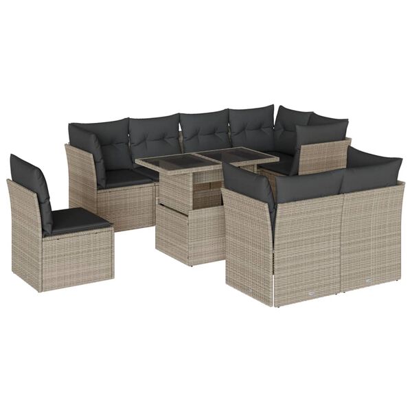 vidaXL Salon de jardin 9 pcs avec coussins gris clair résine tressée