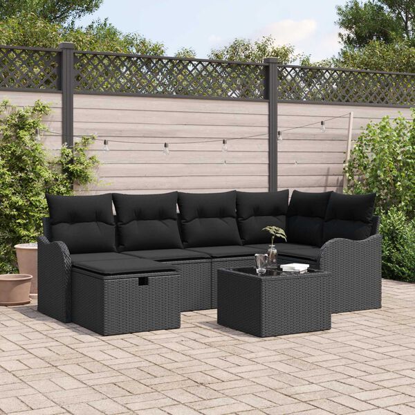 vidaXL Ensemble de canapé de jardin avec coussin 7 pcs Noir Poly rotin