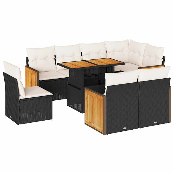 vidaXL Salon de jardin avec coussins 9 pcs noir r&eacute;sine tress&eacute;e acacia