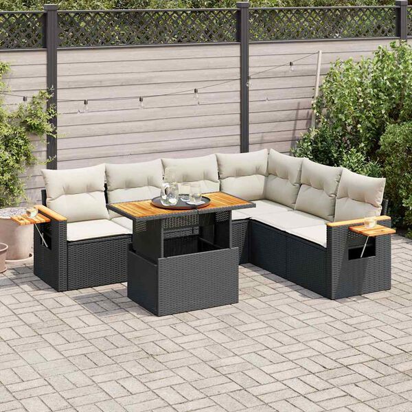 vidaXL Salon de jardin avec coussins 7 pcs noir r&eacute;sine tress&eacute;e acacia