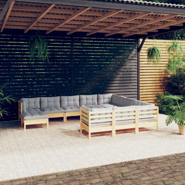 vidaXL Salon de jardin 11 pcs avec coussins gris bois de pin