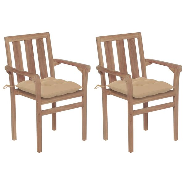 vidaXL Chaises de jardin lot de 2 et coussins beige Bois teck massif