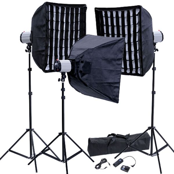 Kit Photo 3 Flashes Softbox nid d'abeilles 60x60