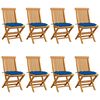 vidaXL Chaises pliantes avec coussins bleus 8 pcs teck massif