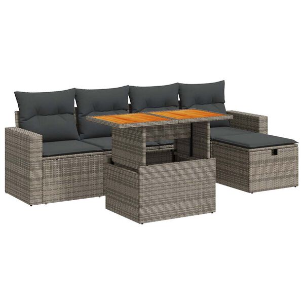 vidaXL Salon de jardin avec coussins 6 pcs gris r&eacute;sine tress&eacute;e acacia