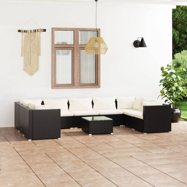 vidaXL Salon de jardin 10 pcs avec coussins Résine tressée Noir