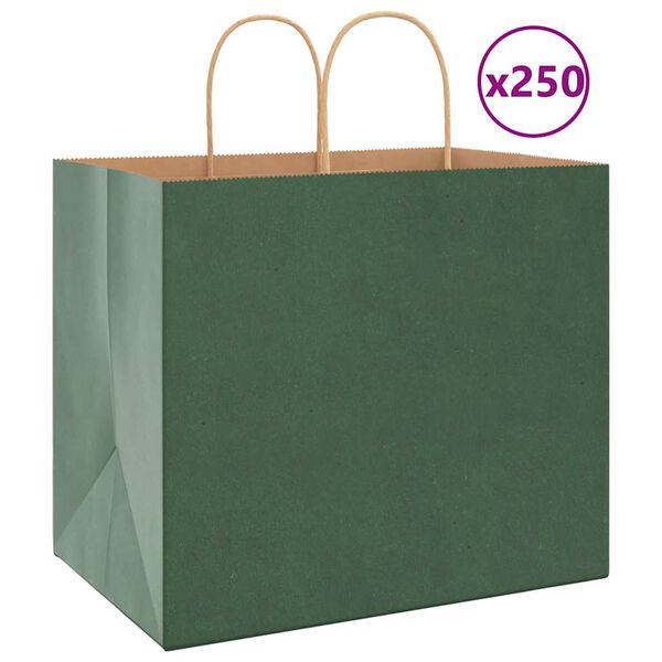 vidaXL Sacs en papier 250 pcs avec poign&eacute;es vert 32x22x28 cm