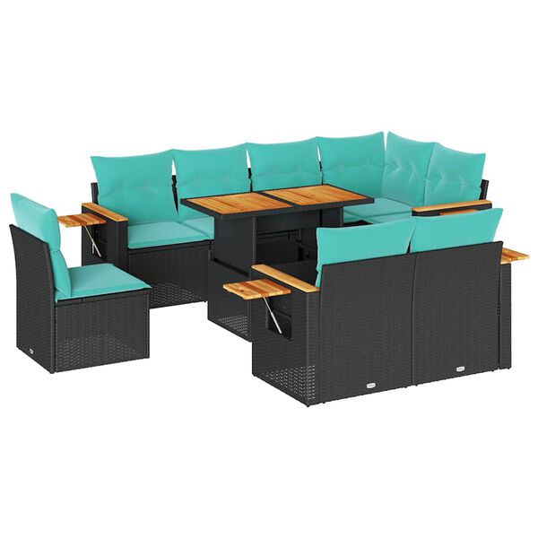 vidaXL Salon de jardin avec coussins 9 pcs noir r&eacute;sine tress&eacute;e acacia