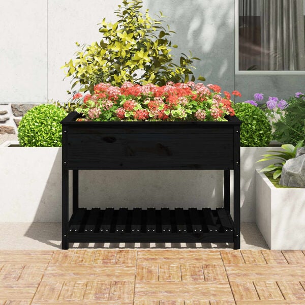 vidaXL Jardini&egrave;re et &eacute;tag&egrave;re Noir 111,5x111,5x81 cm Bois massif de pin