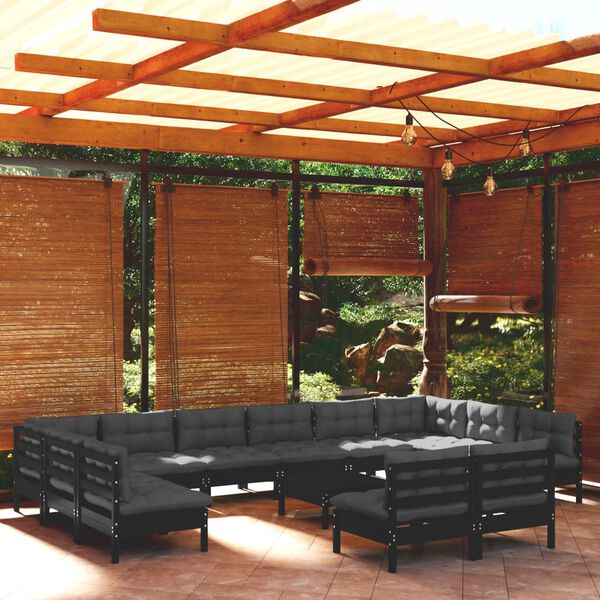 vidaXL Salon de jardin 13 pcs avec coussins Noir Bois de pin solide