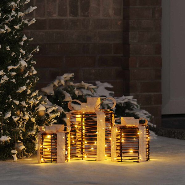 vidaXL D&eacute;coration de bo&icirc;te cadeau avec 60 LED 3 pcs Blanc chaud Rotin