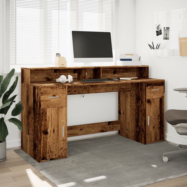 vidaXL Bureau avec lumi&egrave;res LED vieux bois bois d'ing&eacute;nierie