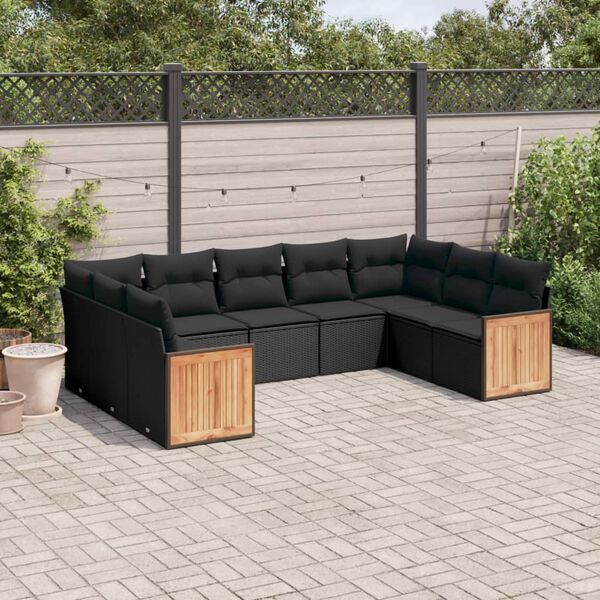 vidaXL Salon de jardin 9 pcs avec coussins noir r&eacute;sine tress&eacute;e