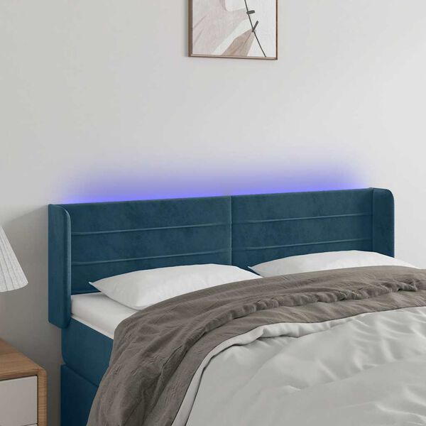 vidaXL T&ecirc;te de lit &agrave; LED Bleu fonc&eacute; 147x16x78/88 cm Velours