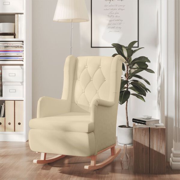 vidaXL Fauteuil et pieds &agrave; bascule en bois d'h&eacute;v&eacute;a solide cr&egrave;me Tissu