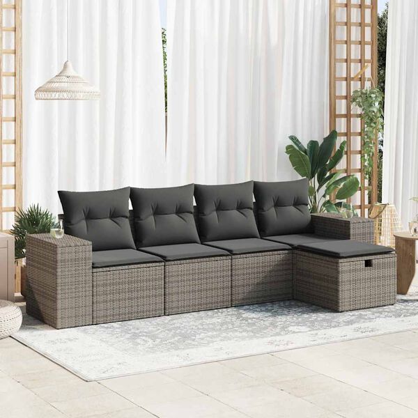 vidaXL Salon de jardin 5 pcs avec coussins gris r&eacute;sine tress&eacute;e