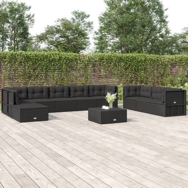 vidaXL Salon de jardin 10 pcs avec coussins noir r&eacute;sine tress&eacute;e