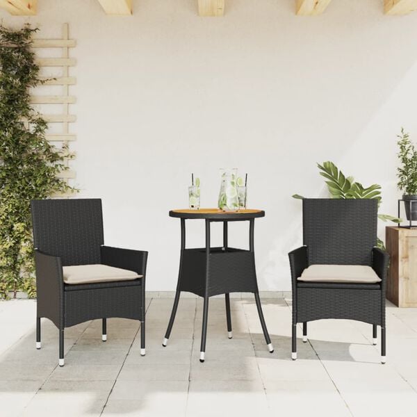 vidaXL Ensemble &agrave; manger de jardin et coussins 3 pcs noir rotin acacia