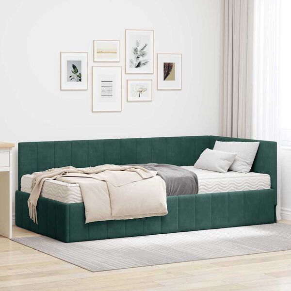 vidaXL Cadre de lit d'angle avec matelas 2 pcs Vert Velours