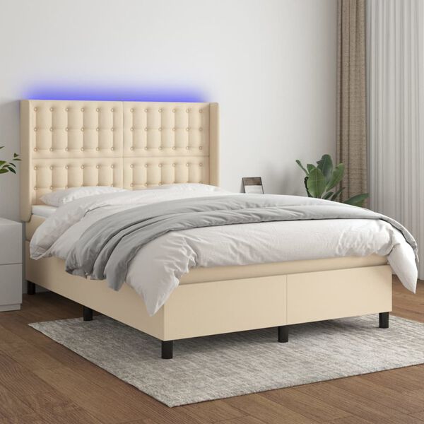 vidaXL Sommier &agrave; lattes de lit matelas et LED Cr&egrave;me 140x190 cm Tissu