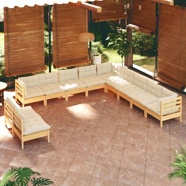 vidaXL Salon de jardin 11 pcs avec coussins cr&egrave;me Bois de pin solide