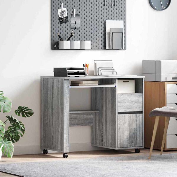 vidaXL Bureau avec roulettes Gris 91 x 50 x 77 cm Bois d'ing&eacute;nierie
