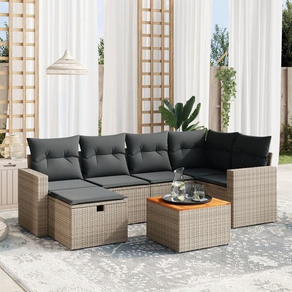 vidaXL Salon de jardin avec coussins 7 pcs gris r&eacute;sine tress&eacute;e