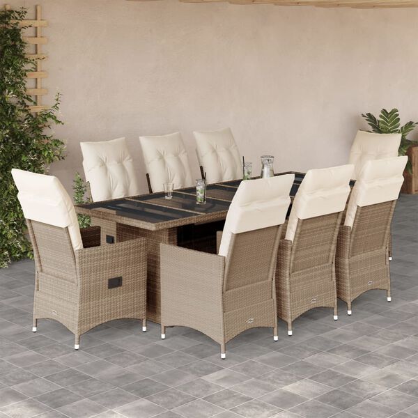 vidaXL Ensemble de bistro de jardin 9 pcs coussins beige poly rotin