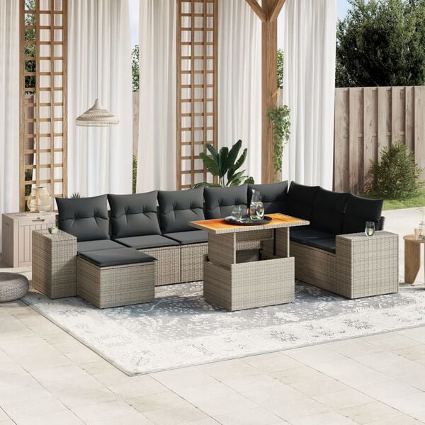 vidaXL Salon de jardin 9 pcs avec coussins gris r&eacute;sine tress&eacute;e