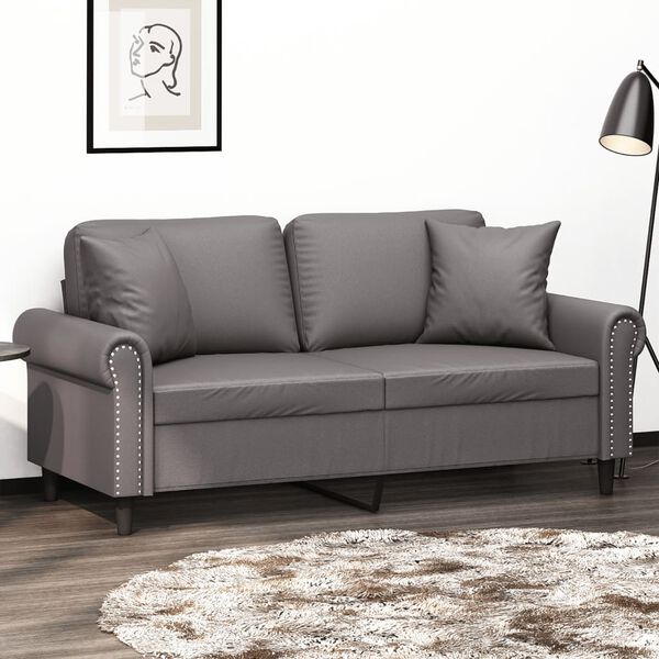 vidaXL Canap&eacute; 2 places avec oreillers d&eacute;coratifs gris 140cm similicuir