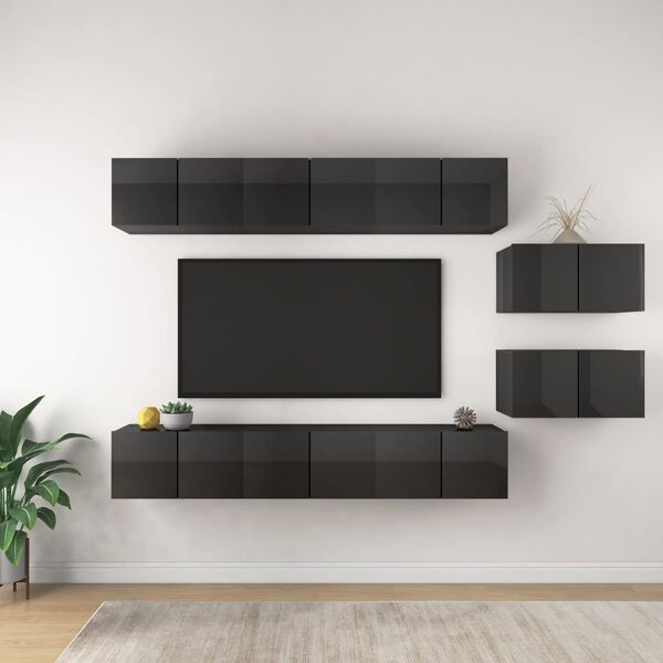 vidaXL Meubles TV 8 pcs Gris brillant Bois d'ing&eacute;nierie