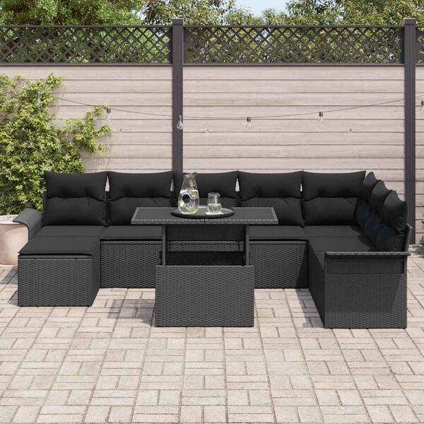 vidaXL Ensemble de canap&eacute; de jardin avec coussin 9 pcs Noir polyrotin