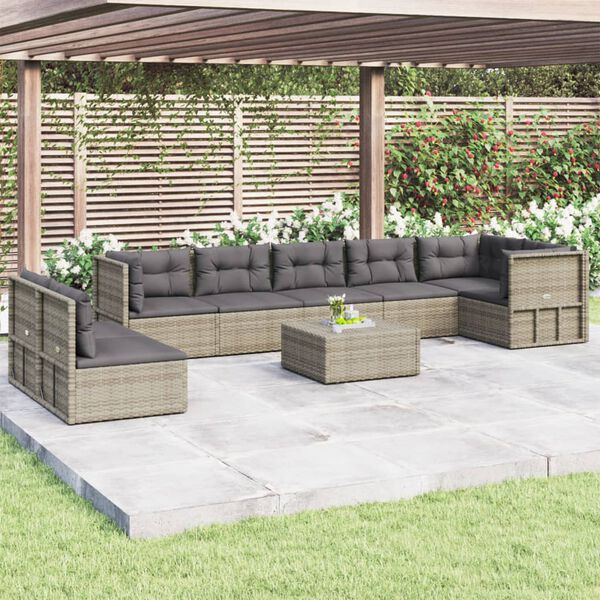 vidaXL Salon de jardin 8 pcs avec coussins Gris R&eacute;sine tress&eacute;e
