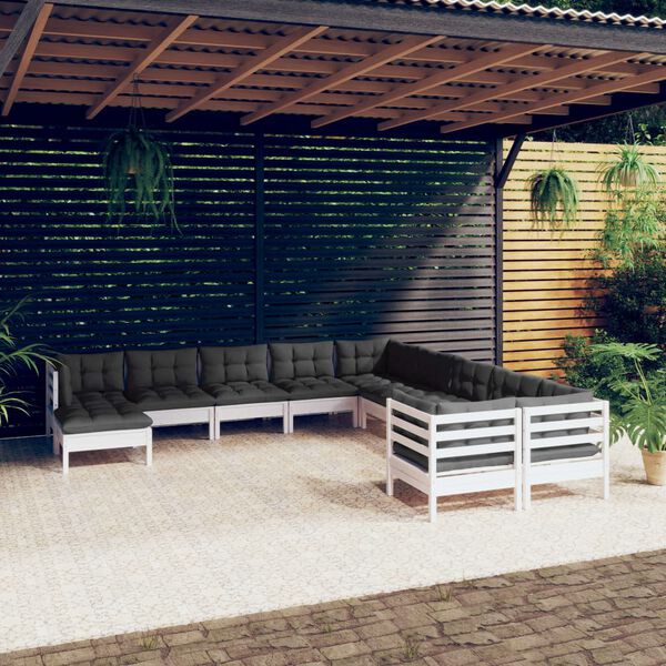 vidaXL Salon de jardin 11 pcs avec coussins blanc bois de pin