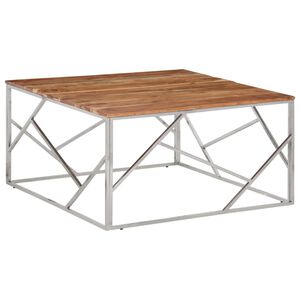 vidaXL Table basse argent&eacute; acier inoxydable et bois massif d'acacia