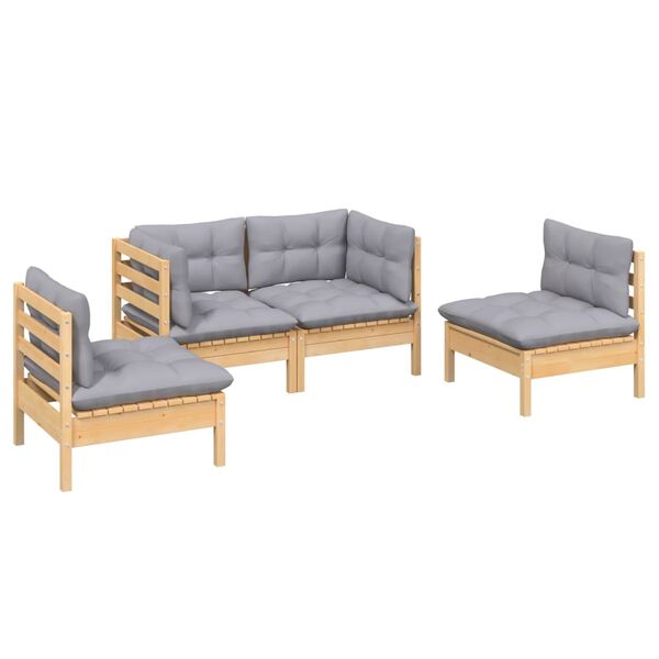 vidaXL Salon de jardin 4 pcs avec coussins gris Bois de pin massif