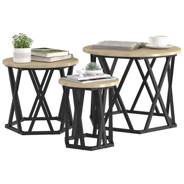 vidaXL Table d'appoint empilable 3 pcs Ch&ecirc;ne Sonoma